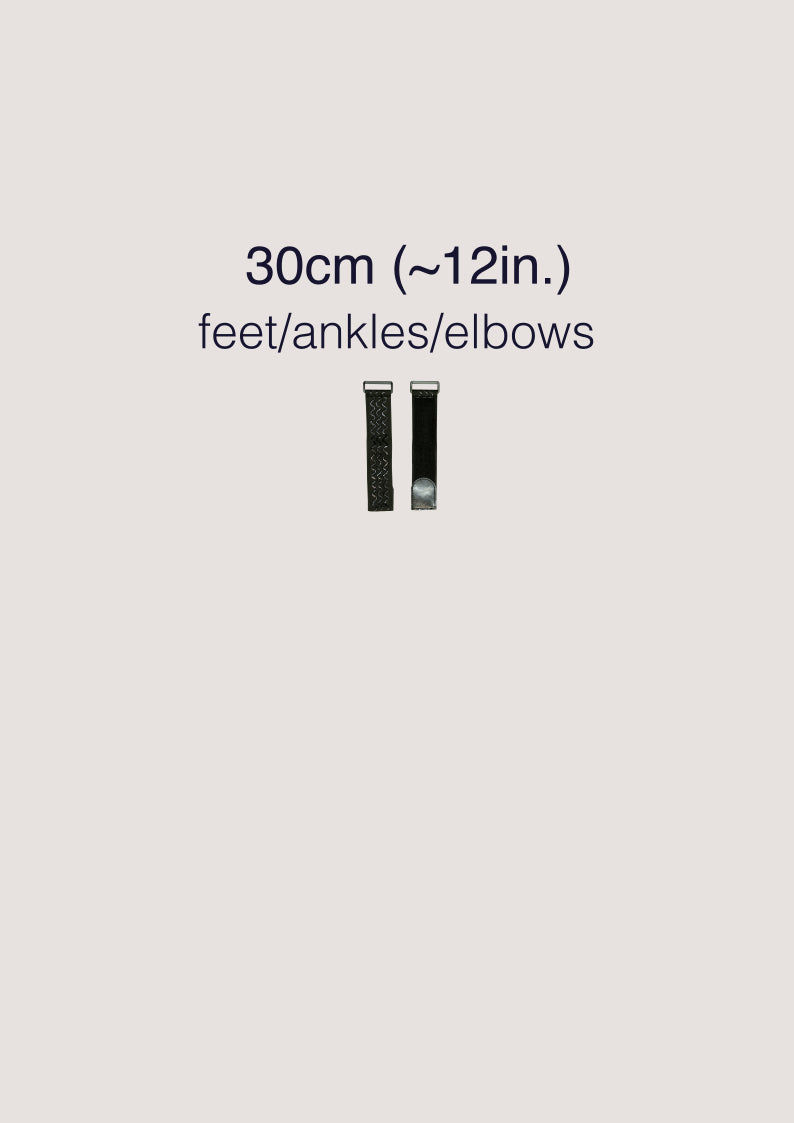 Small straps are 30cm in length and are used to secure EROS Trackers to your feet, ankles, and/or elbows. The EROS Core comes with 2 small straps while the EROS Pro comes with 6 small straps.