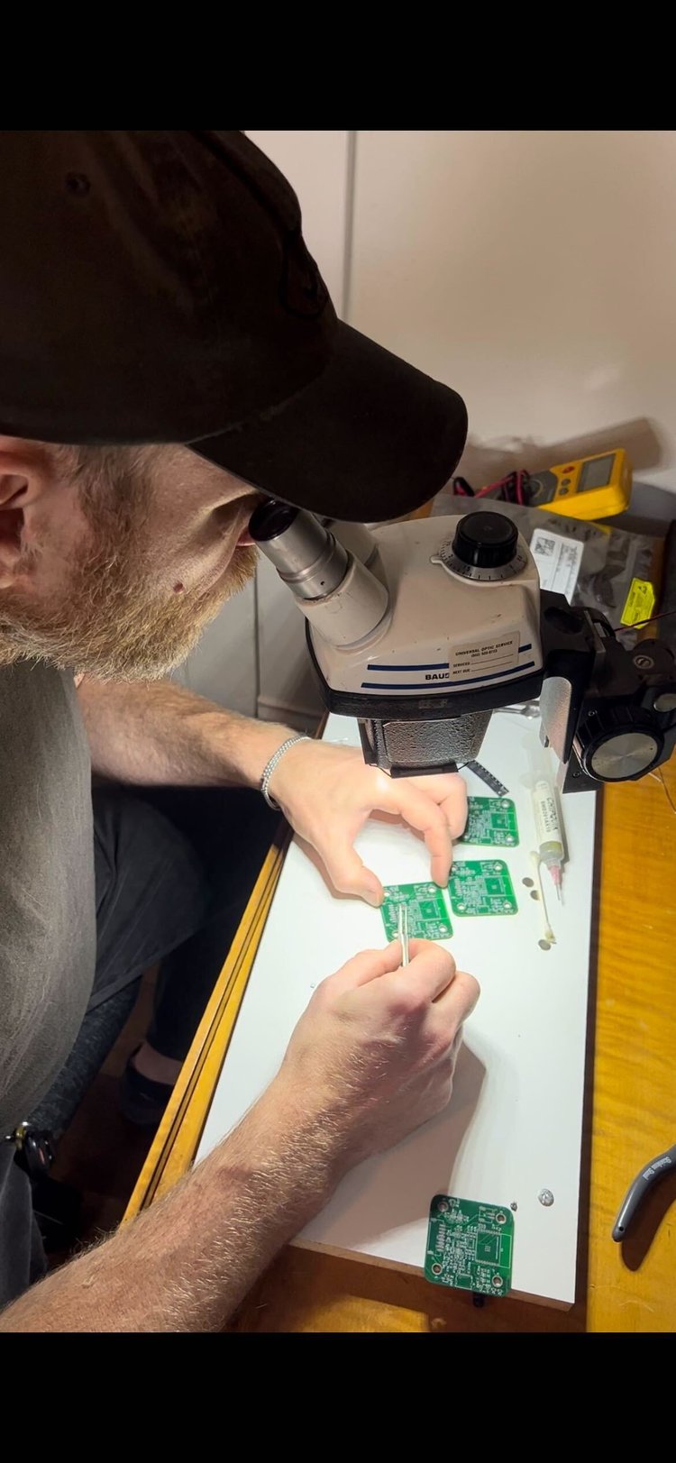 Our initial alpha prototypes were assembled by hand by Tom and Michael to test the core circuit designs and components.